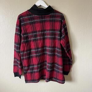 90s Grunge Plaid Fleece Pullover Relaxed Fit Red Black Cozy Layer